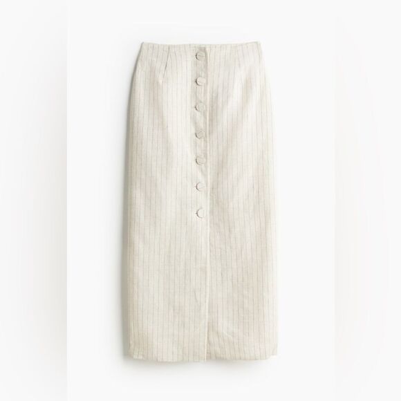 NWT H&M BUTTON-FRONT LINEN SKIRT Light beige/Pinstriped Size 10 - Picture 1 of 8